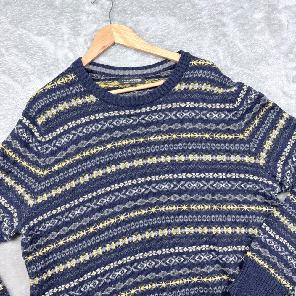 Banana Republic Sweater Mens XL Navy Blue Fair Isle Merino Wool Italian Yarn